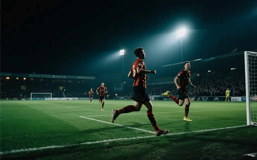 夜色球场中弱旅庆祝进球的戏剧性瞬间占位图